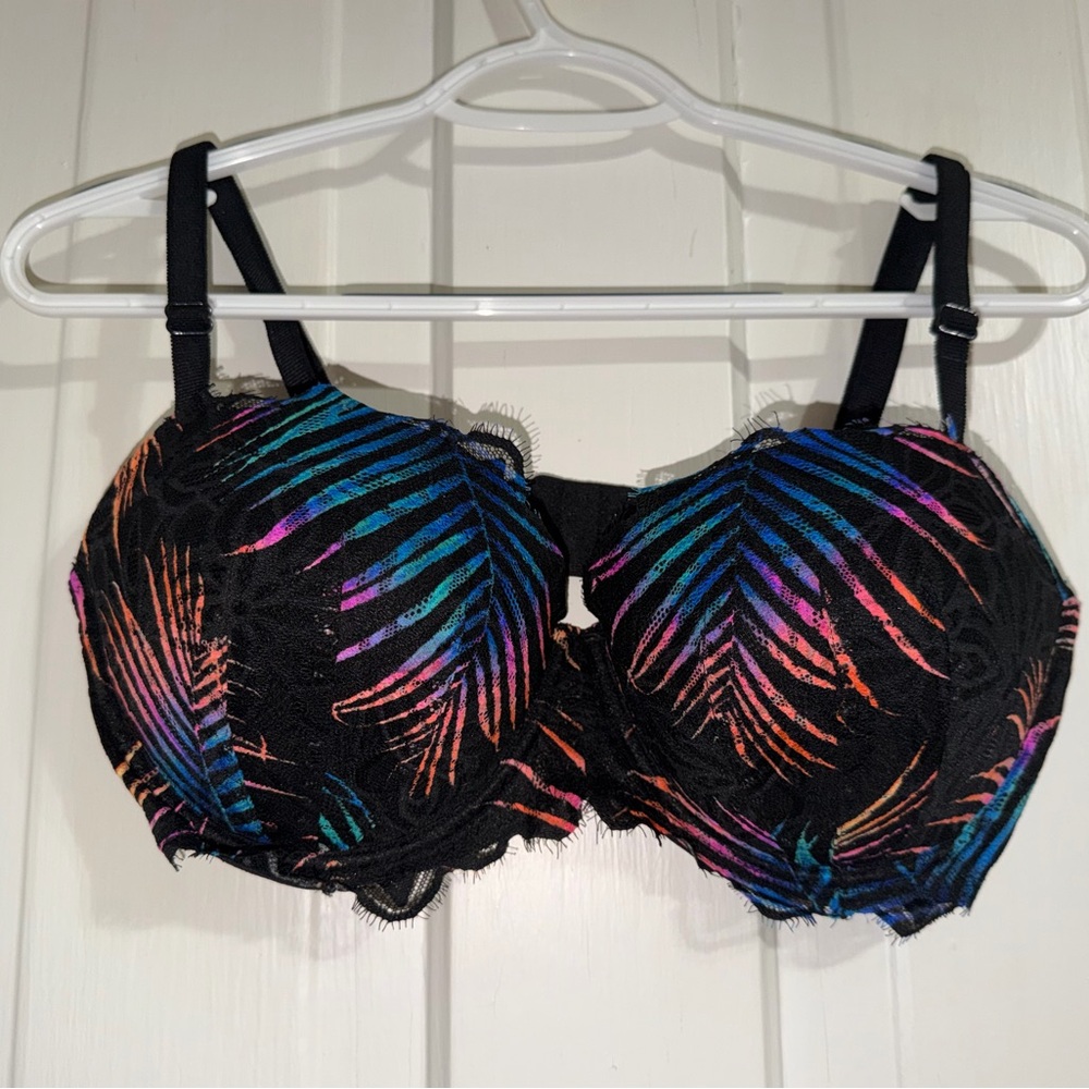 Victoria's Secret Black Bra with Multicolor Leaf‎ Pattern size 36DD Pink